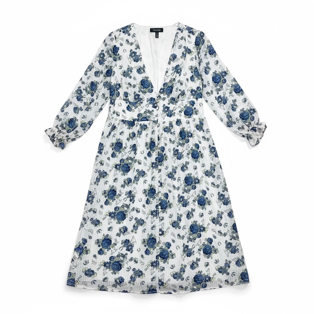 ModCloth Howdy Petal Floral Dress Blue White Gingham 1X Long Sleeve